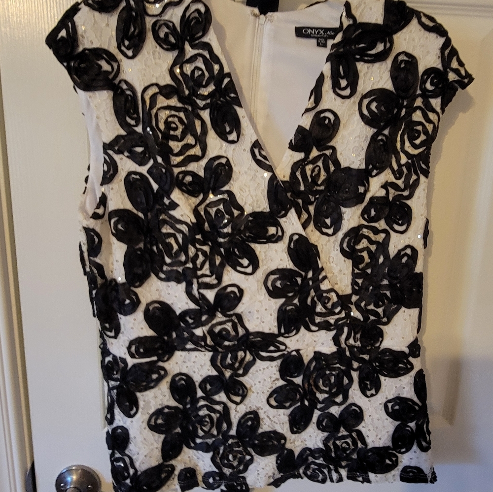Black and white,sequined top. Beautiful with black slacks (not included)